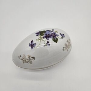 Vtg Lefton China Egg Trinket Box Hand Painted Purple Violets Gold Trim NE 2209